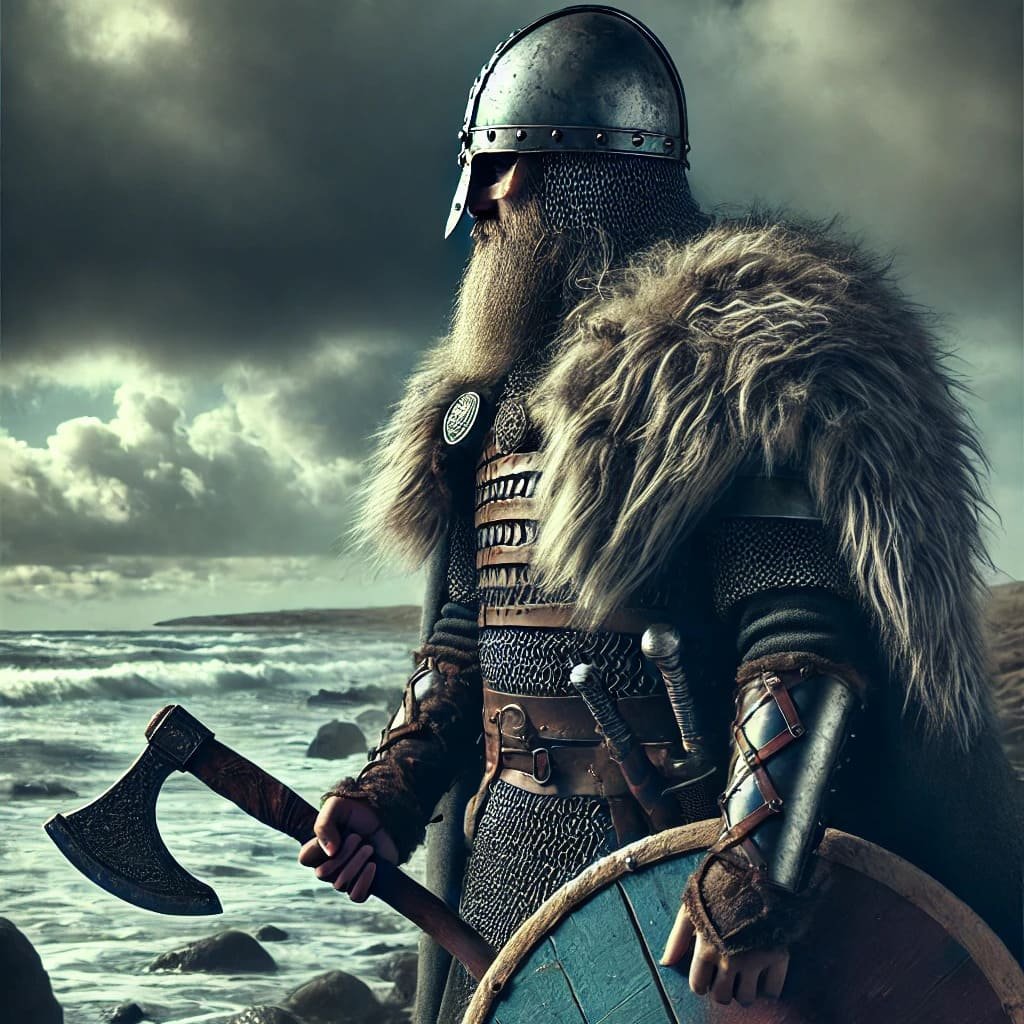 DALL·E 2024-11-05 18.10.29 - A realistic close-up of a Viking warrior in traditional armor, standing on a rocky shore with his axe and shield. His fur cloak flows in the wind as h (2) (1) (1)