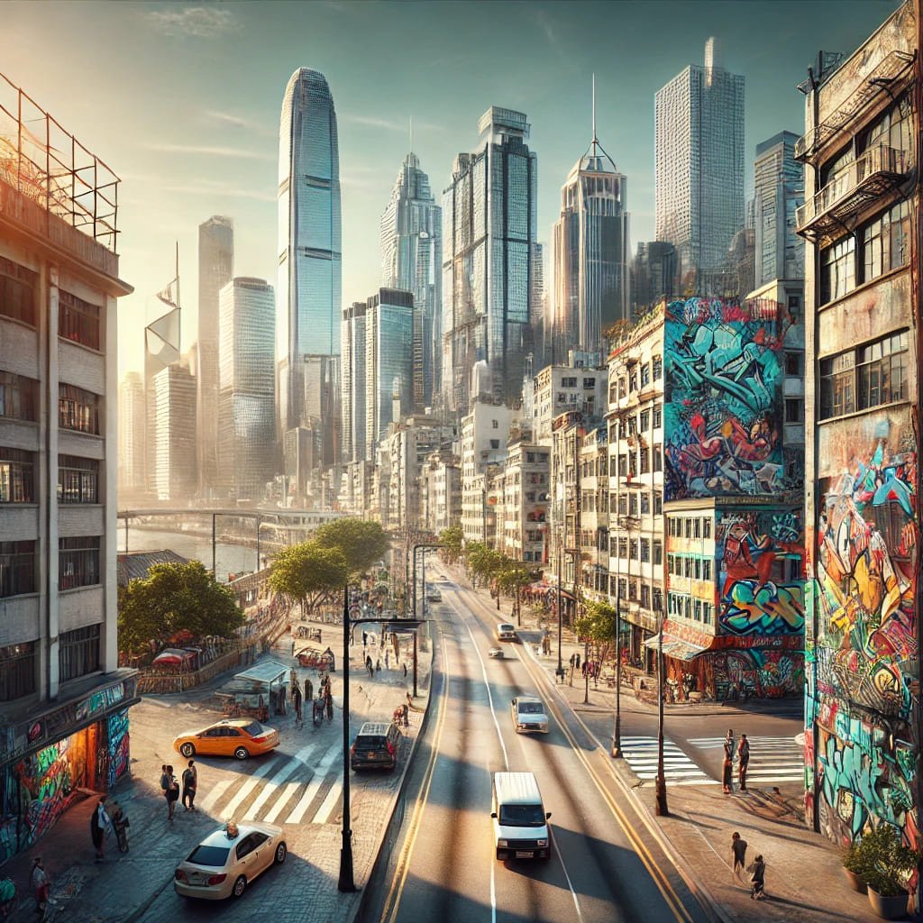 DALL·E 2024-11-08 18.33.12 - An urban cityscape during the day, showcasing a vibrant skyline of a modern city with tall skyscrapers, street art, and graffiti on some of the buildi (1)