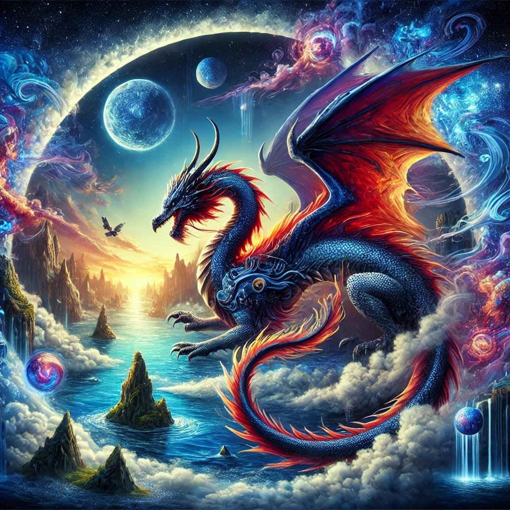 DALL·E 2024-11-08 18.46.23 - A breathtaking fantasy scene featuring a majestic dragon in a surreal, dreamlike landscape. The dragon is detailed with vibrant scales and wings, surr (1)