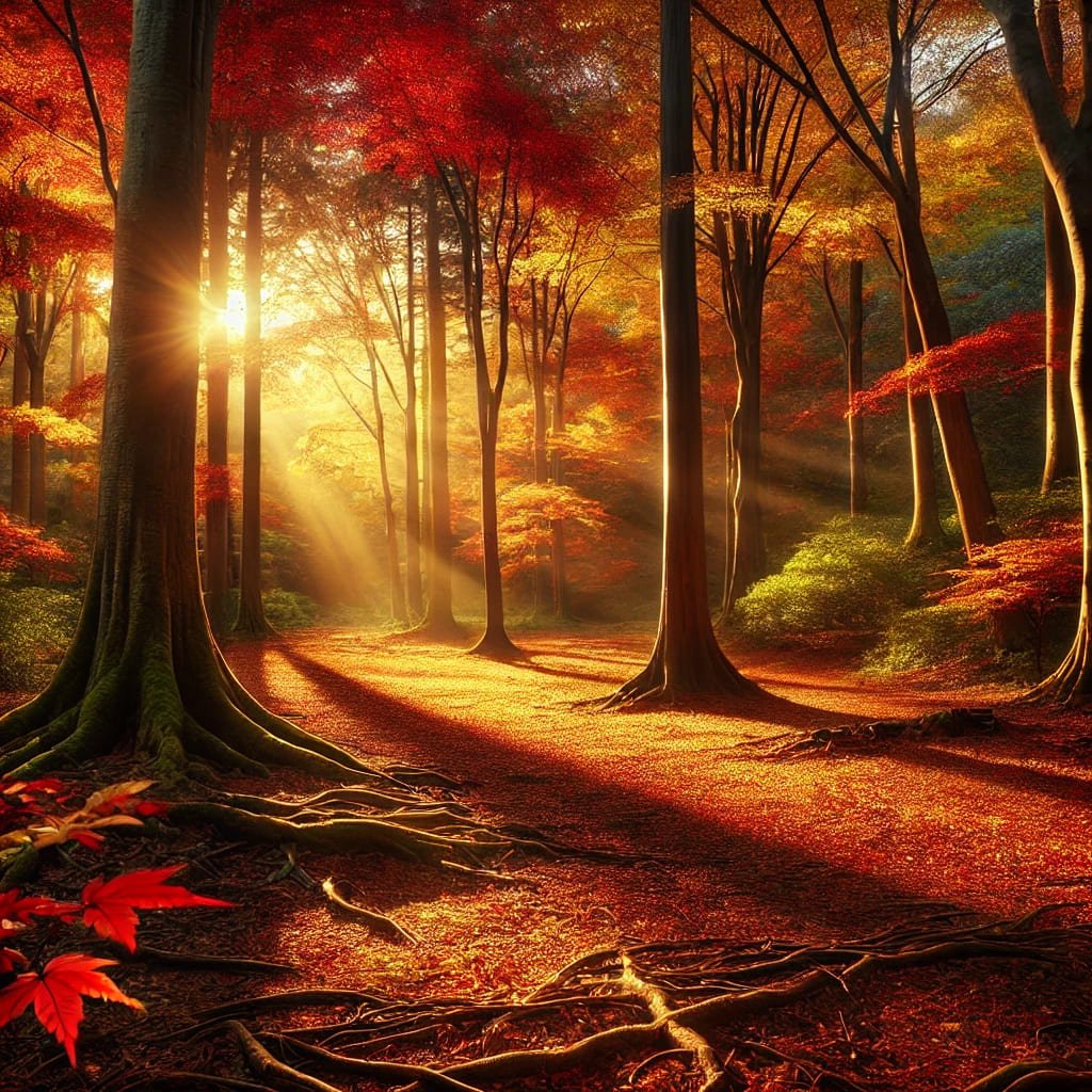 DALL·E 2024-11-08 19.24.02 - A hyper-realistic landscape of a serene autumn forest. The trees are rich in fall colors like deep reds, oranges, and golden yellows, with sunlight fi (2)