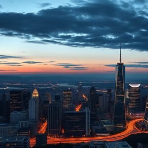 Skyline de una ciudad al anochecer